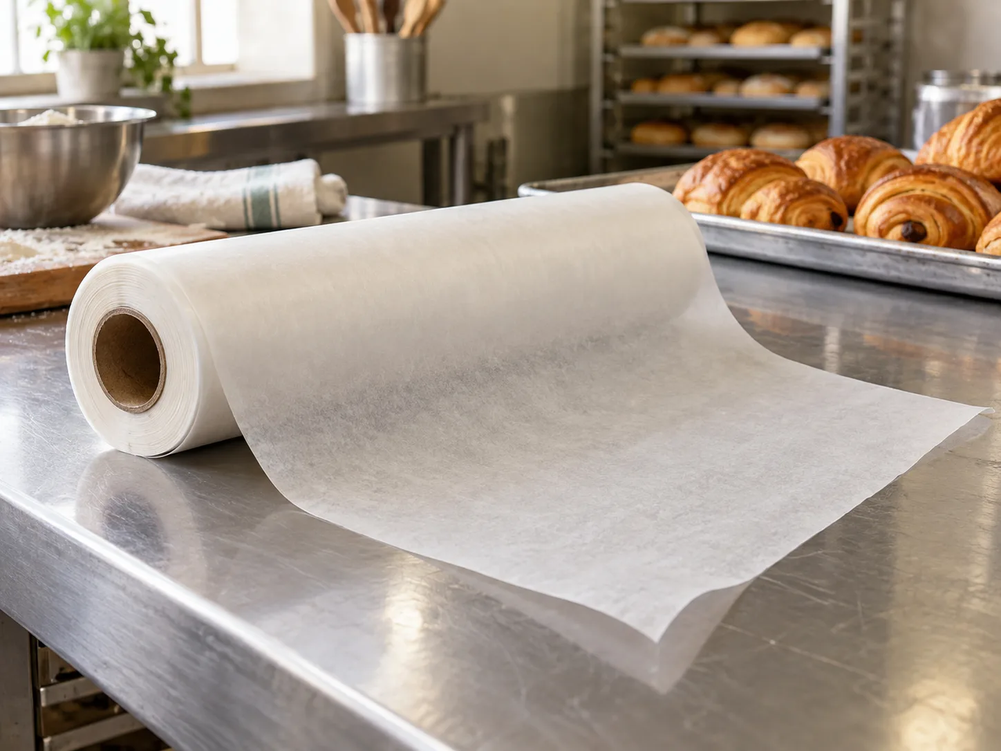 Butter paper roll unspooled on a commercial bakery preparation table