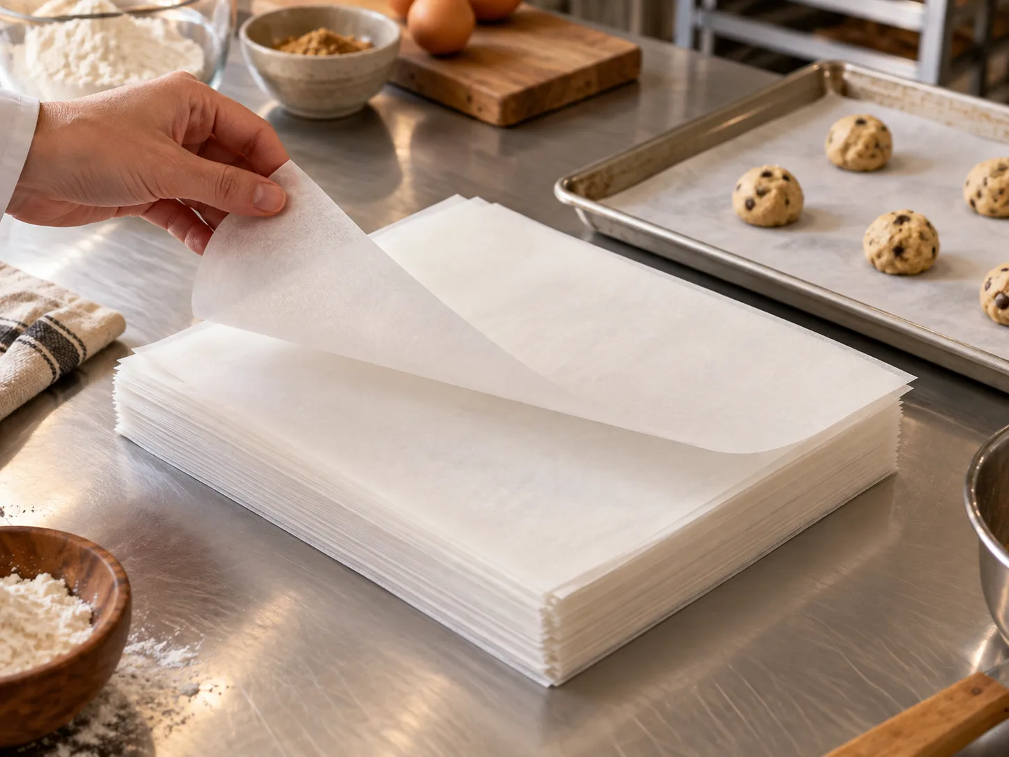 Stack of cut butter paper sheets beside a lined bakery tray