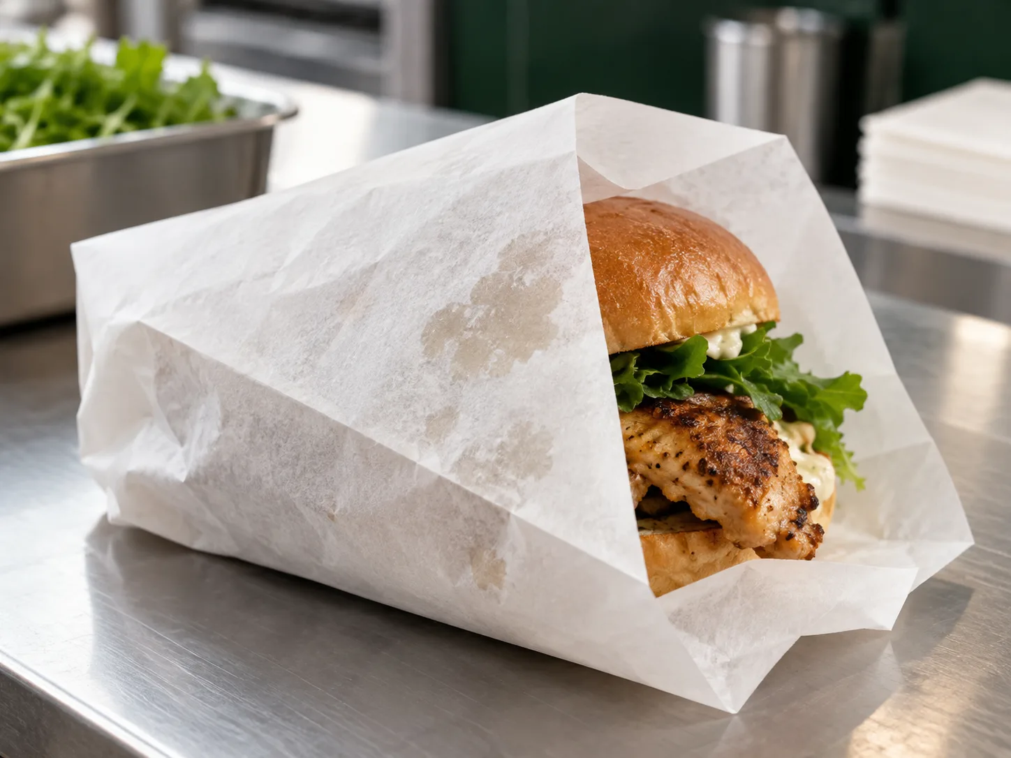 White greaseproof paper wrapped around freshly prepared food