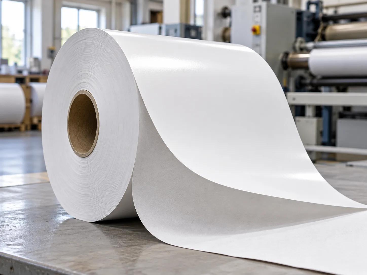 White machine-glazed paper reel showing its glossy face and matte reverse