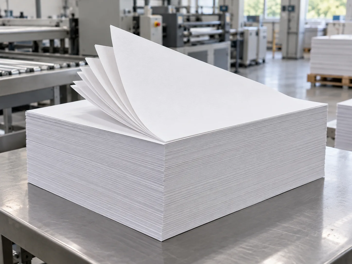 Uniform machine-finished white paper sheets in a converting workshop