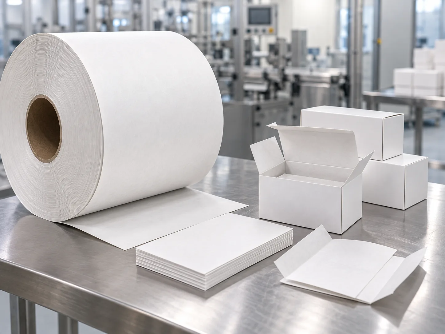 Strong bleached kraft reel and liners beside plain pharmaceutical cartons