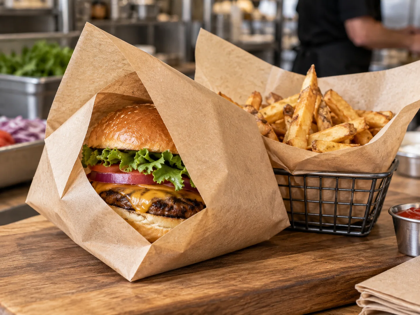 Natural brown greaseproof paper wrapping a burger and lining a food basket