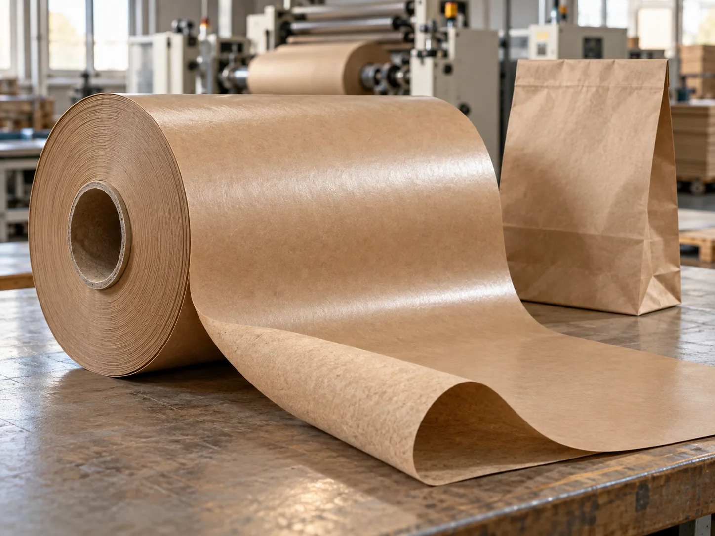 Natural brown machine-glazed paper reel with a plain paper bag