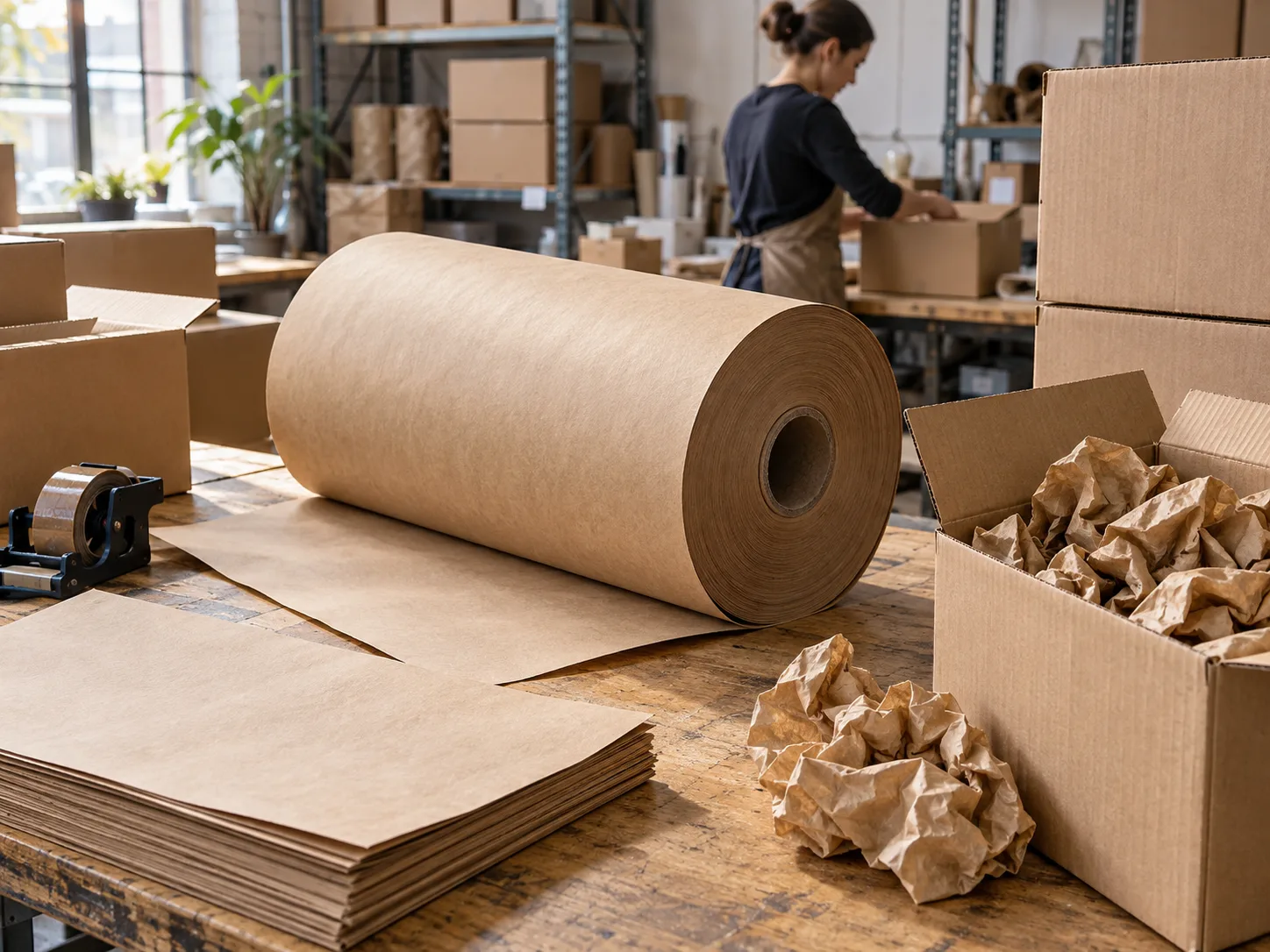 Heavy kraft paper roll, sheets and paper void fill at a packaging bench