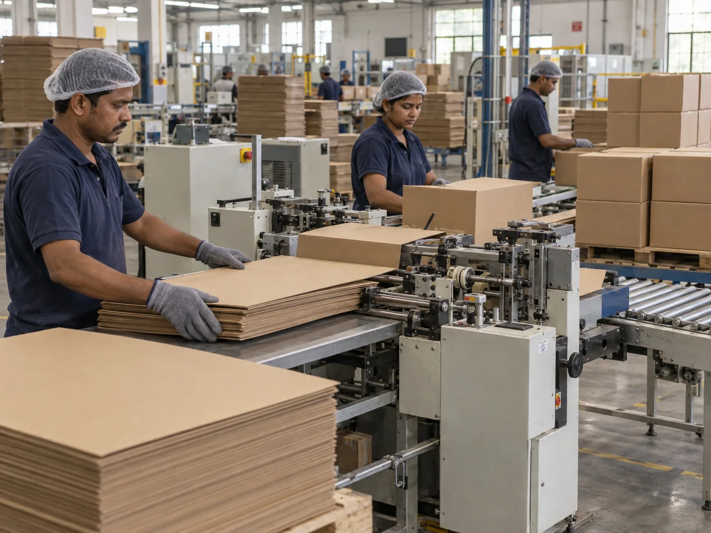 Packaging team converting kraft sheets into plain cartons