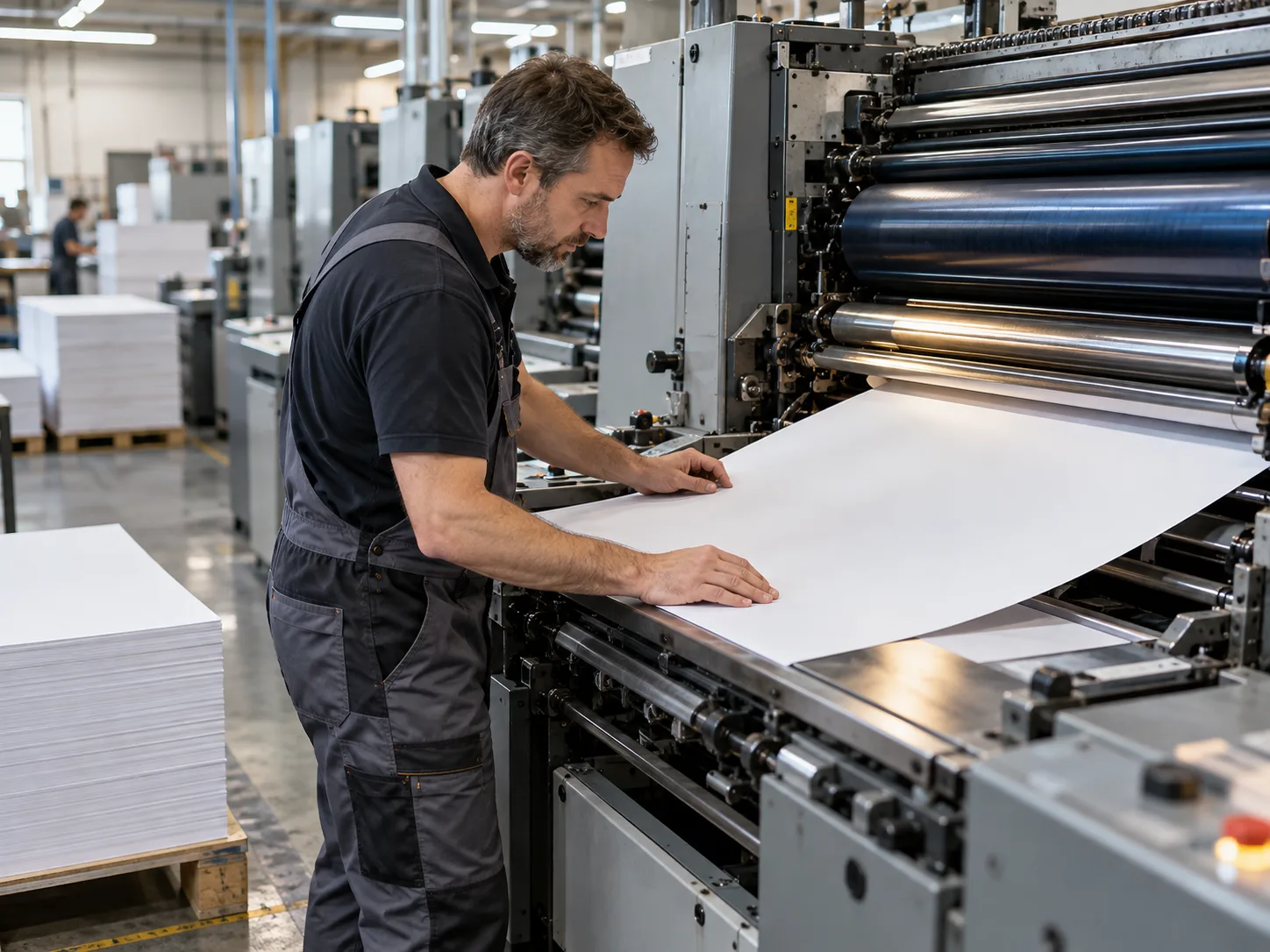 Press operator feeding white paper through an offset press