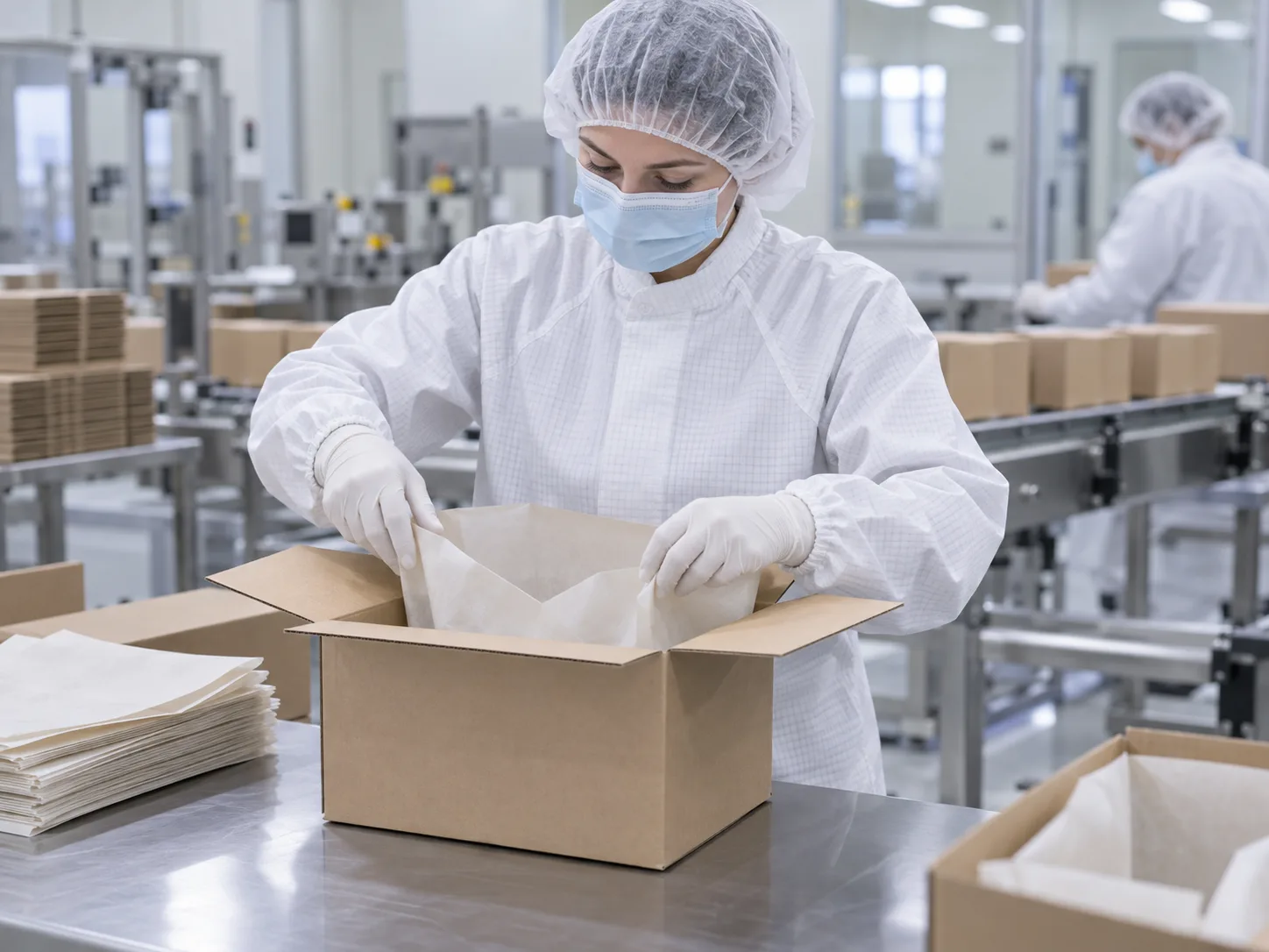 Pharmaceutical packing technician lining a carton with bleached kraft paper
