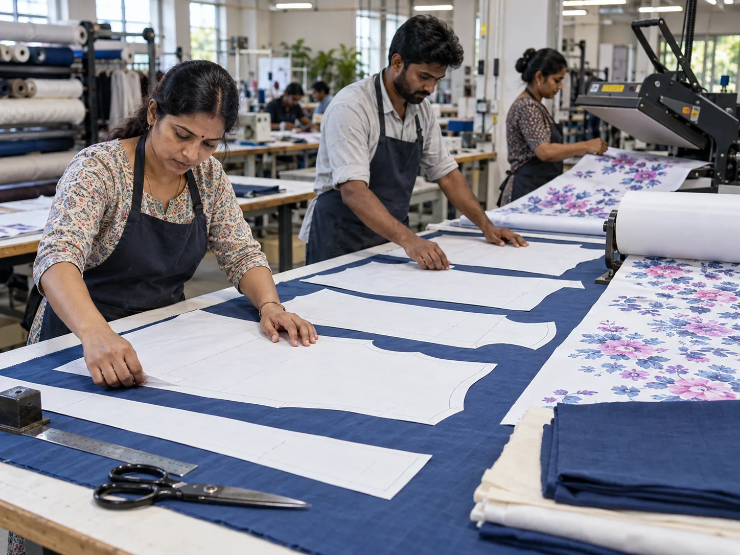 Garment workshop using pattern and sublimation papers on a cutting table