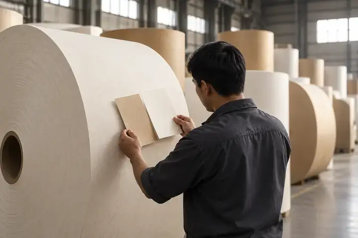Paper specialist inspecting paper rolls and shades
