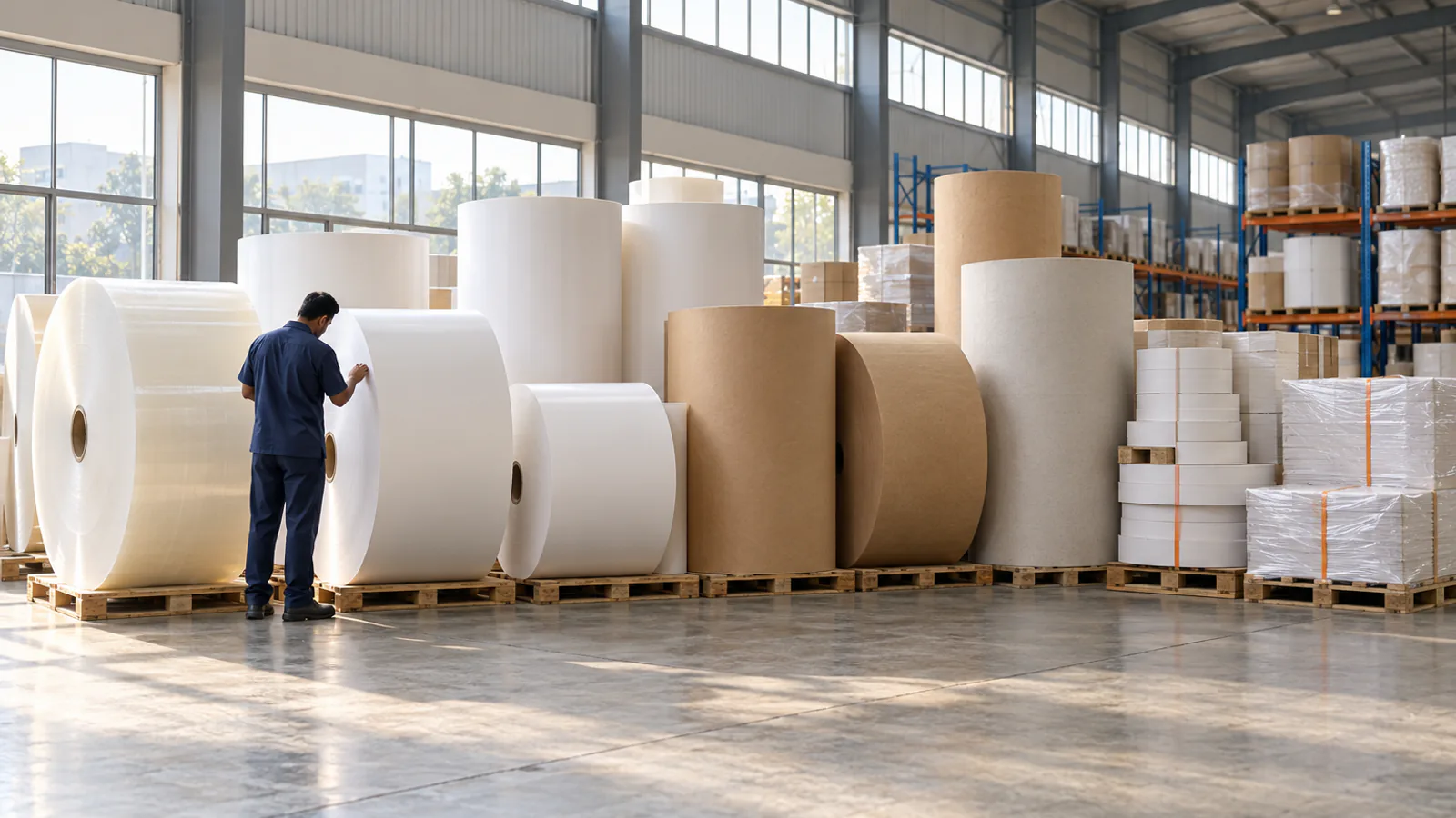 Rows of white, kraft and bleached paper reels standing on pallets in a warehouse