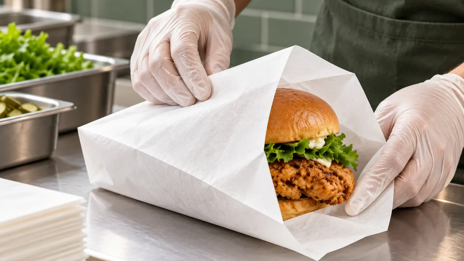 Gloved hands wrapping a fried chicken burger in white greaseproof paper