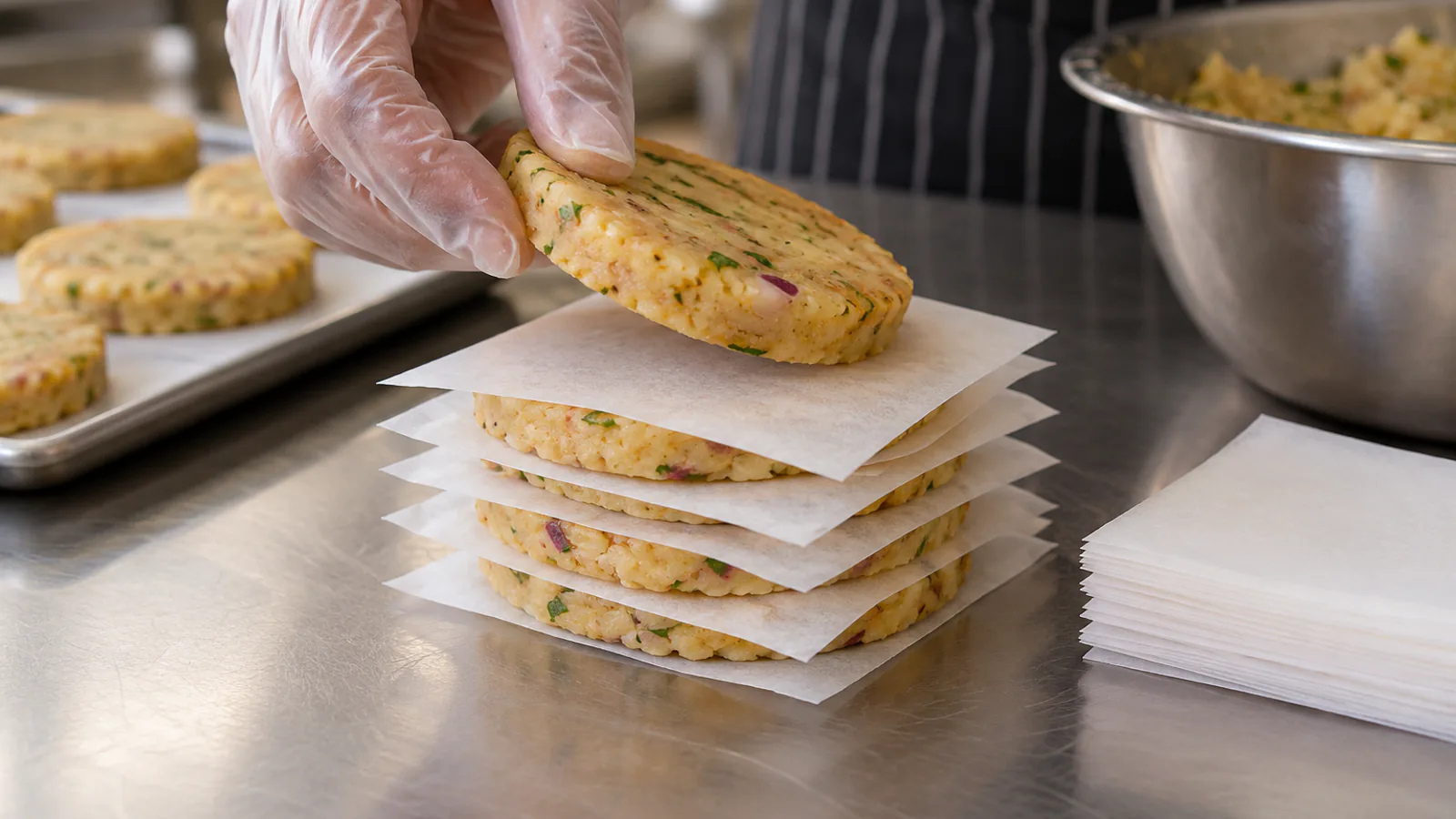 Butter paper squares between stacked aloo tikkis, the top one lifting off cleanly