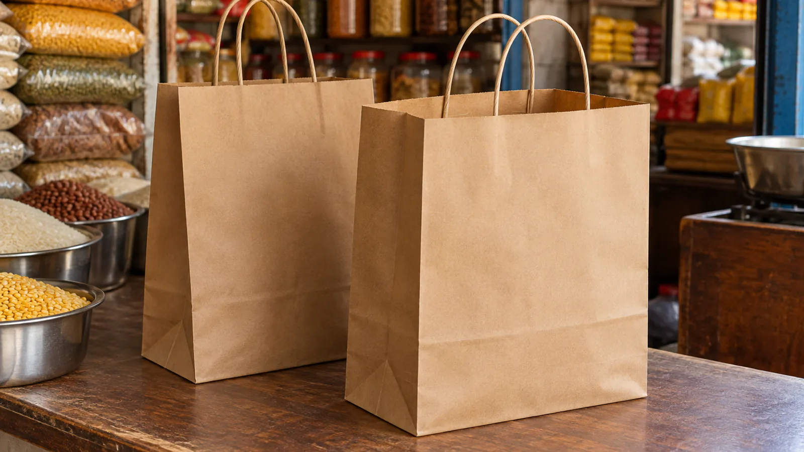 Plain brown kraft paper carry bags with twisted handles on a shop counter