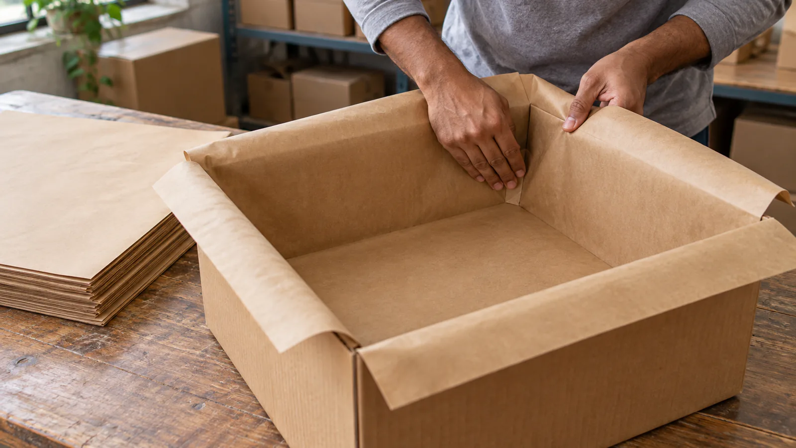 A worker smoothing a brown kraft paper liner into the corner of an open carton