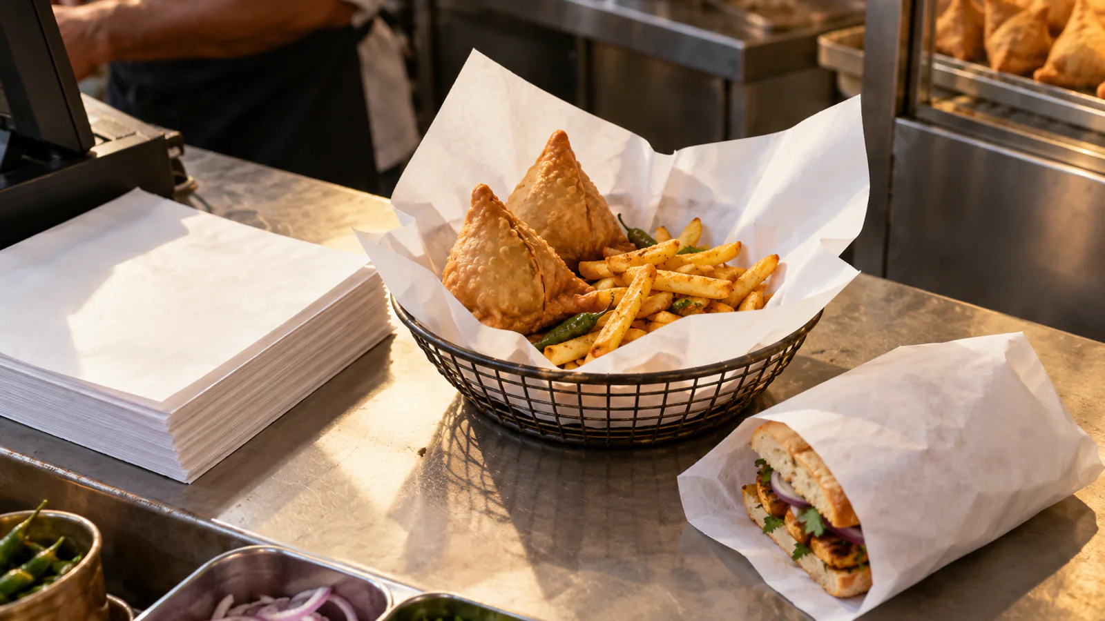 A wire basket lined with white greaseproof paper holding samosas and fries