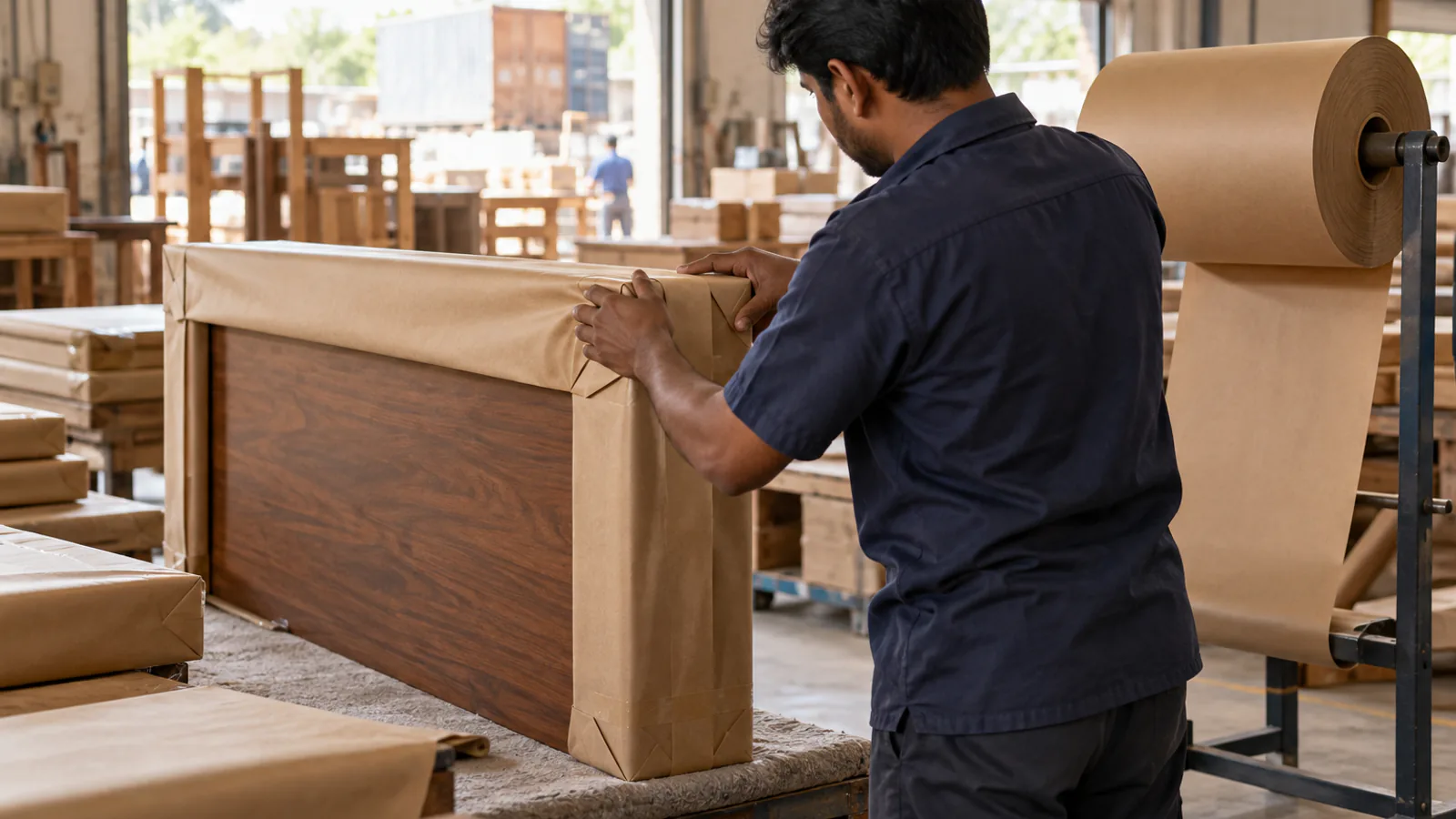 A worker folding brown kraft paper over the corner of a wooden table top for dispatch