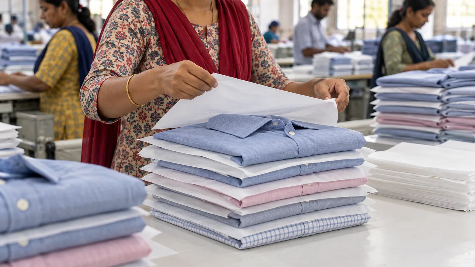 Hands placing white paper between folded shirts on a packing table