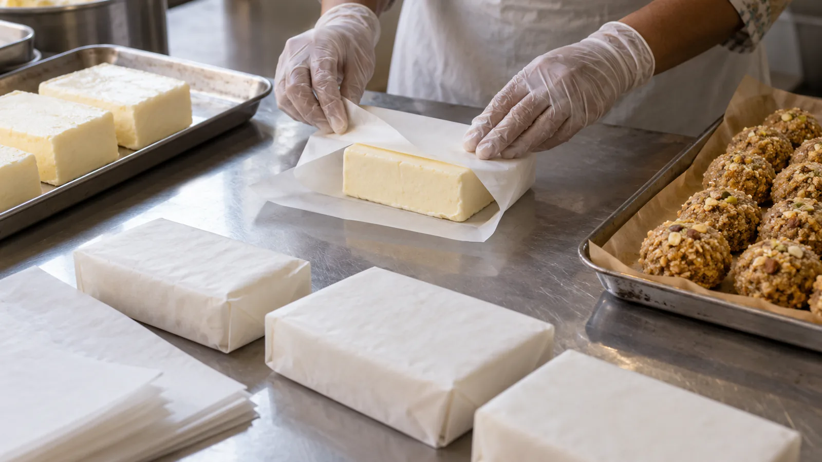 Gloved hands wrapping blocks of butter in plain white greaseproof paper