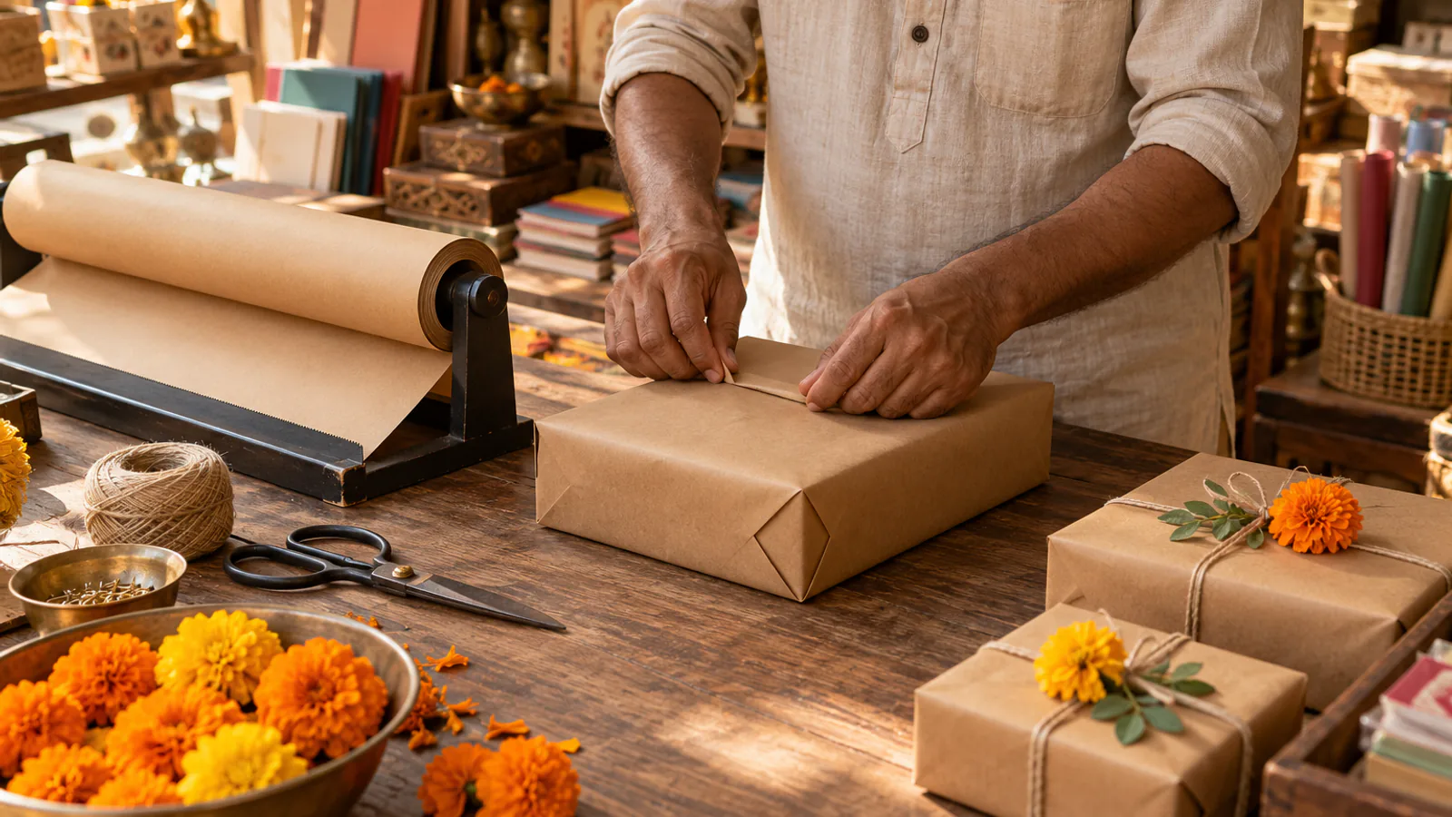 A shopkeeper folding brown kraft paper around a gift box at a shop counter