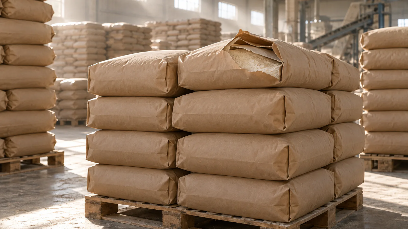 Stacks of plain brown kraft paper sacks on pallets in a warehouse