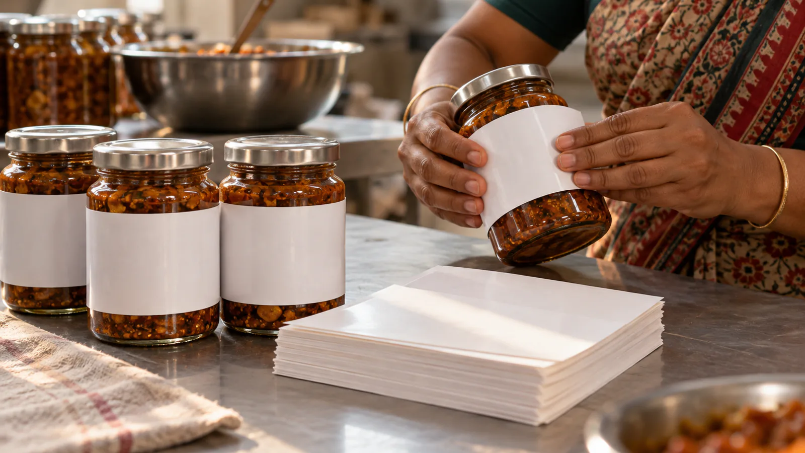 Hands smoothing a blank white paper label onto a glass jar on a production bench