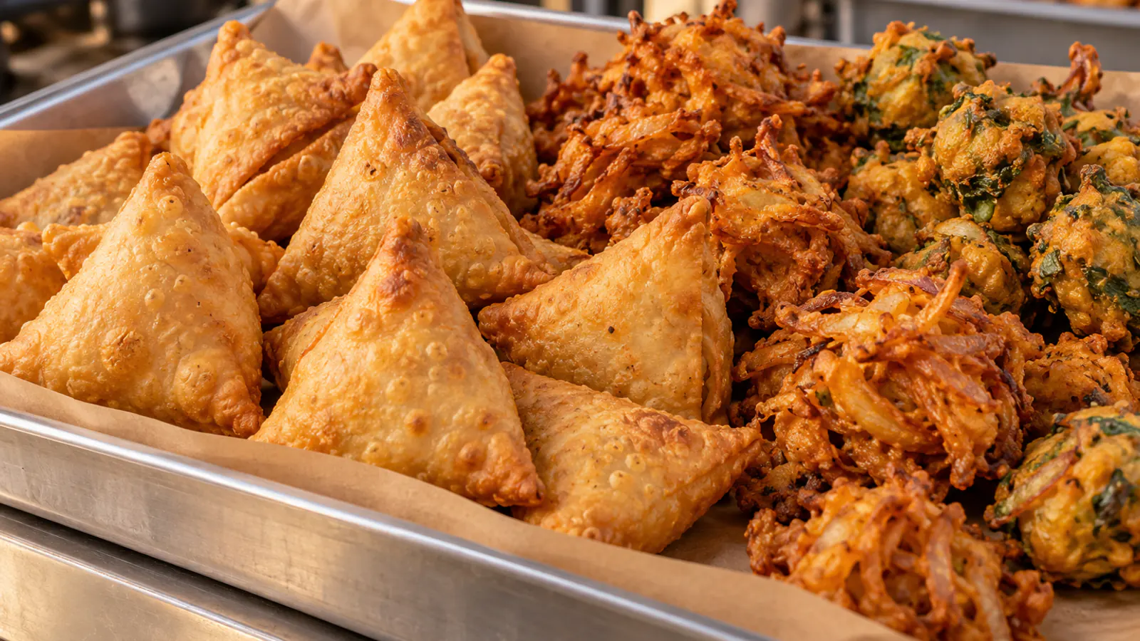 Samosas and pakoras on brown greaseproof paper in a steel tray