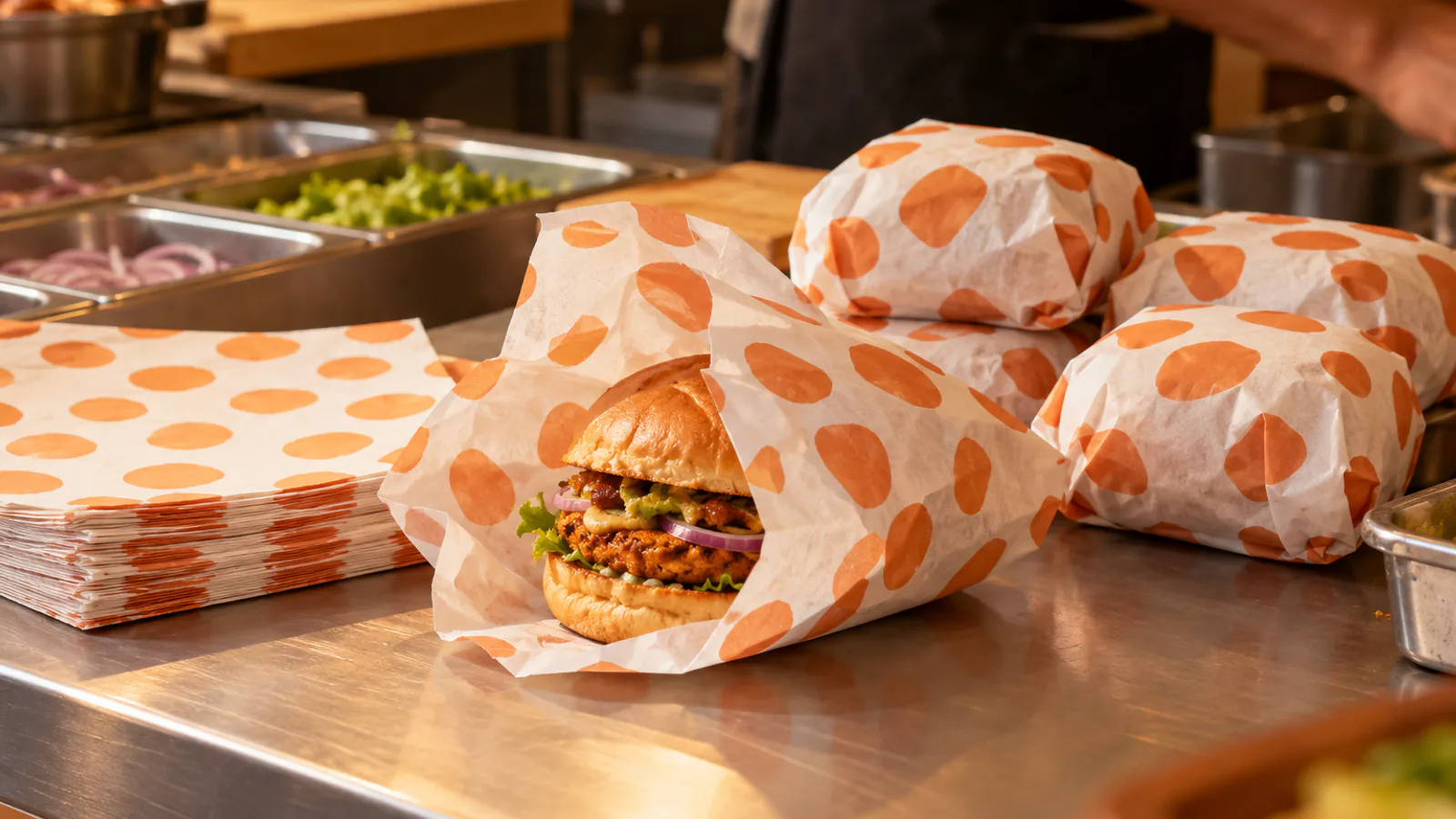 Burgers wrapped in white paper printed with an abstract orange dot pattern