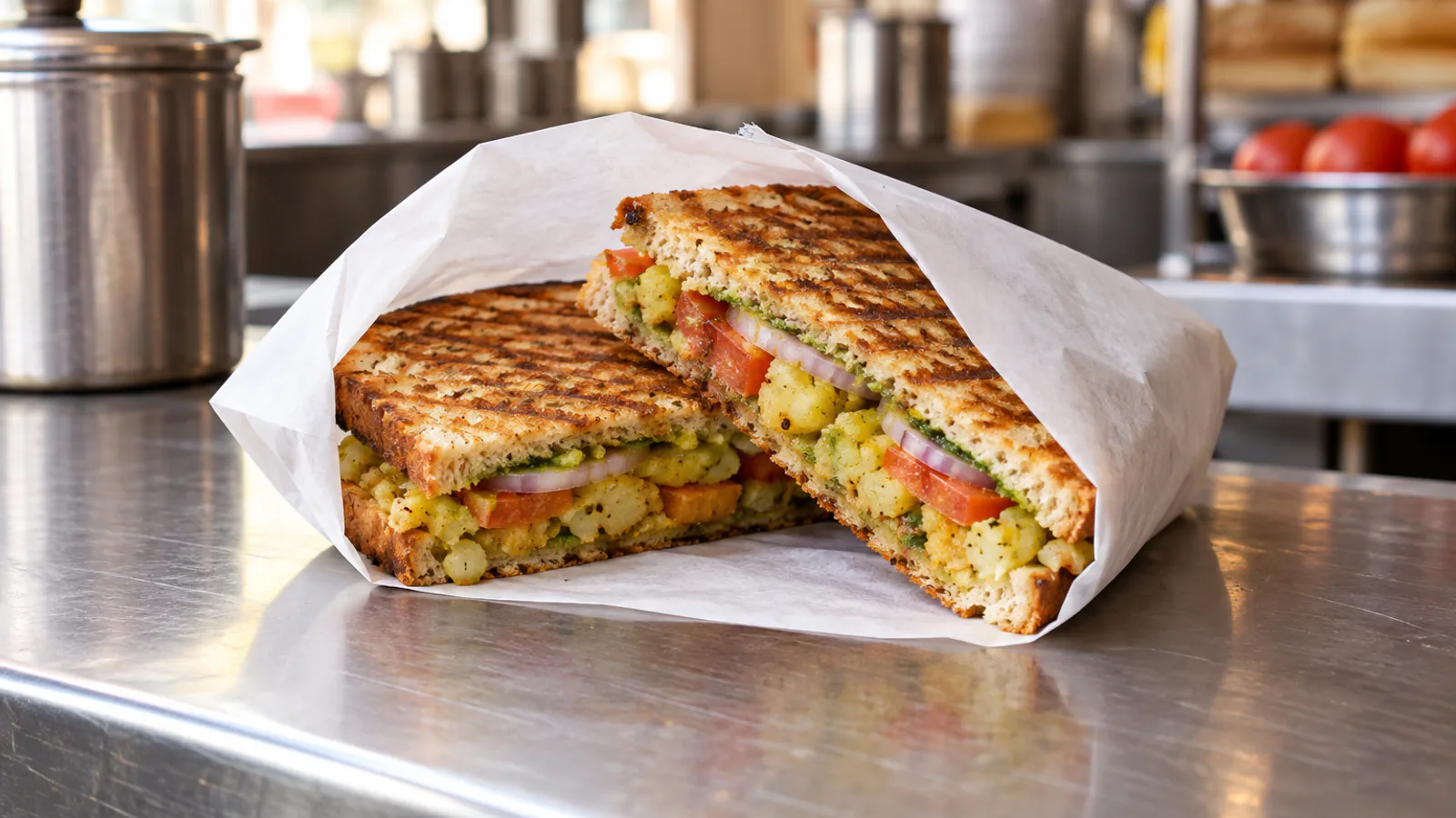 A grilled sandwich wrapped in white paper on a cafe counter