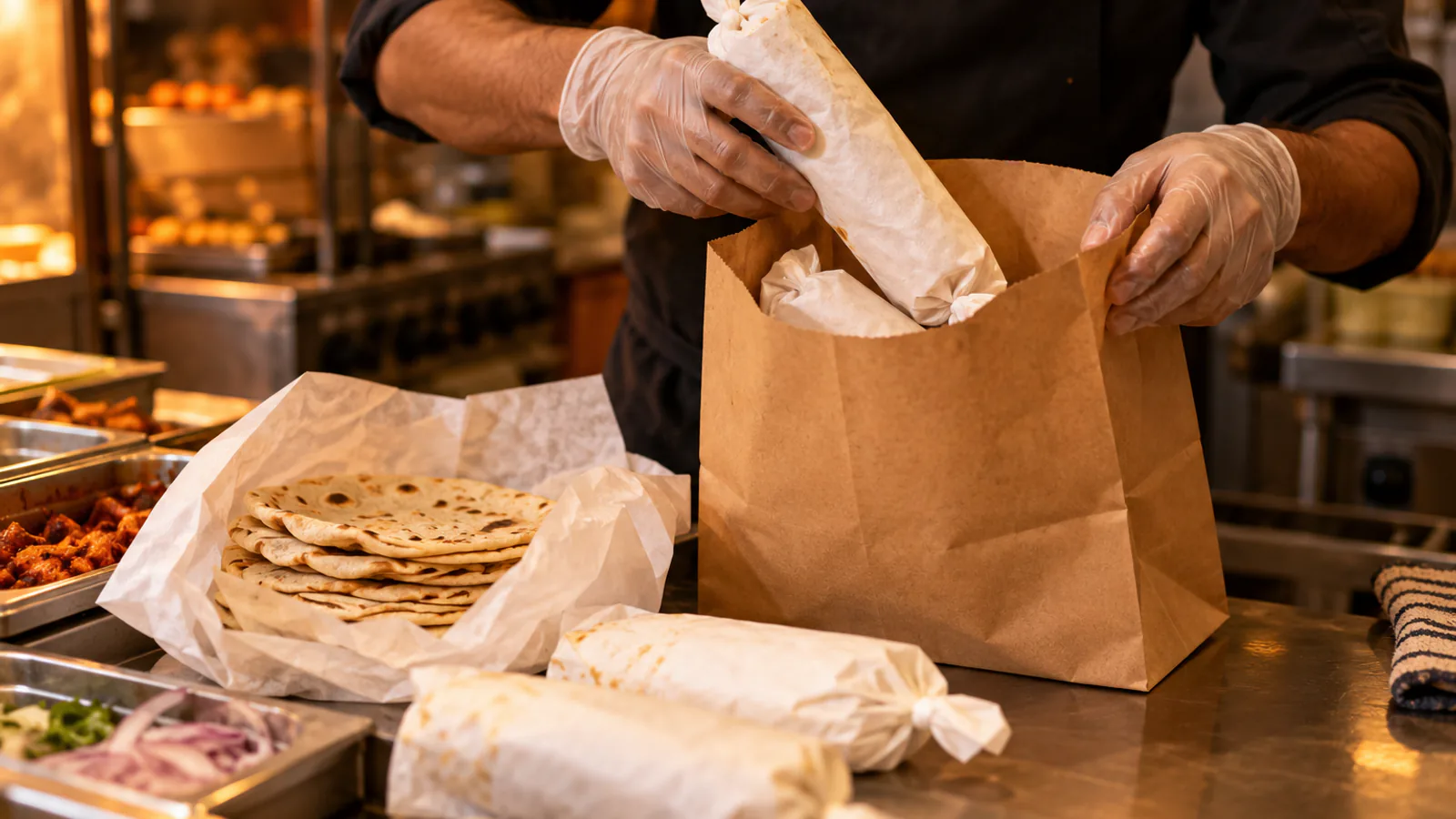 Kathi rolls in white greaseproof paper going into a plain kraft takeaway bag