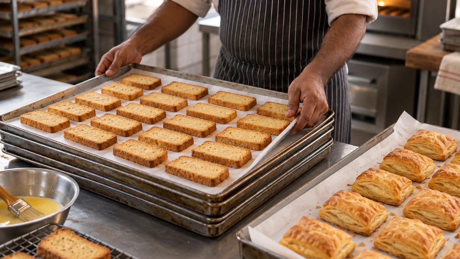 Steel trays lined with pre-cut butter paper and white greaseproof paper
