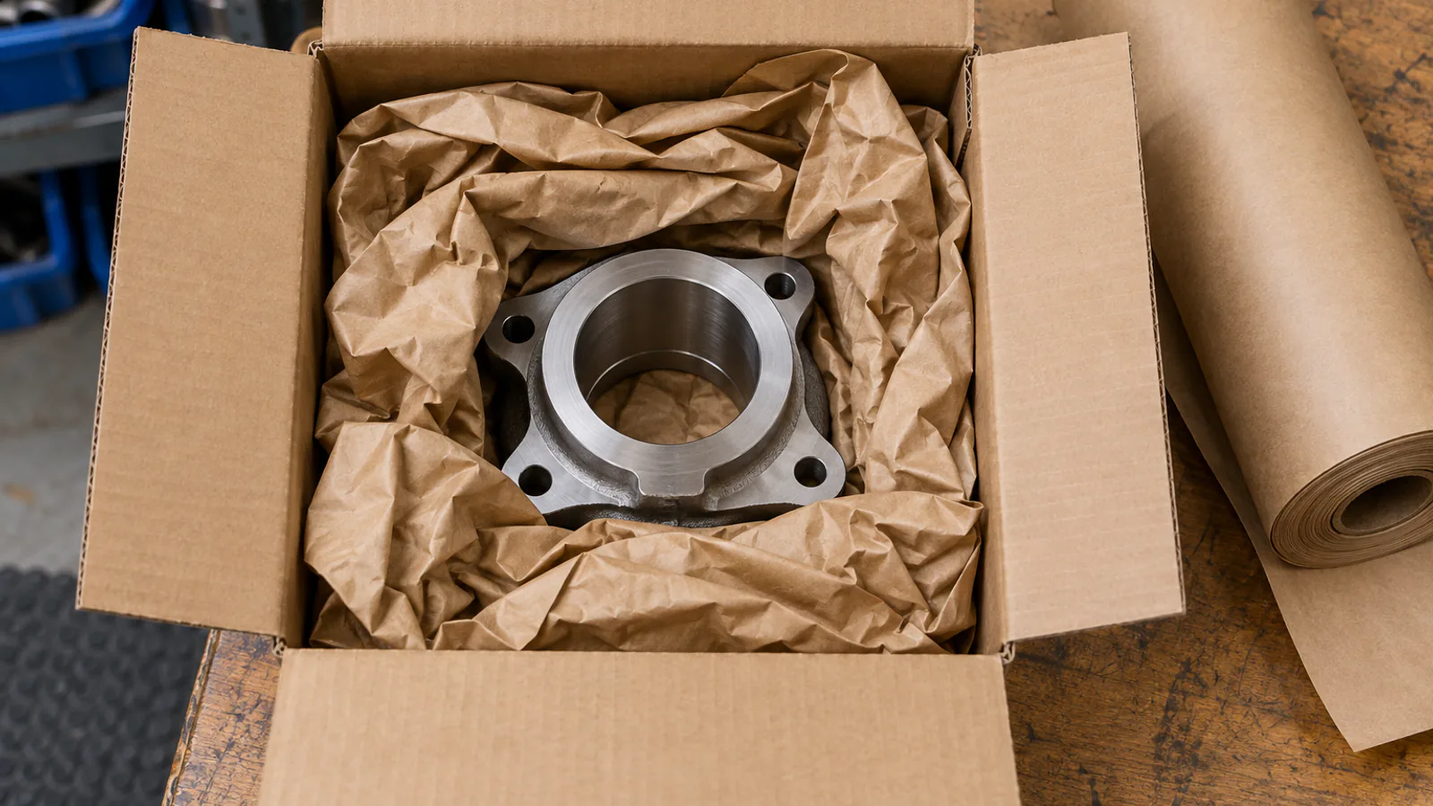 Crumpled brown kraft paper filling the space around goods in an open carton