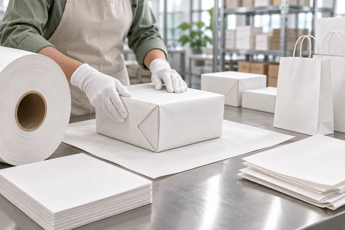 Gloved hands wrapping a box in white kraft paper beside a paper roll