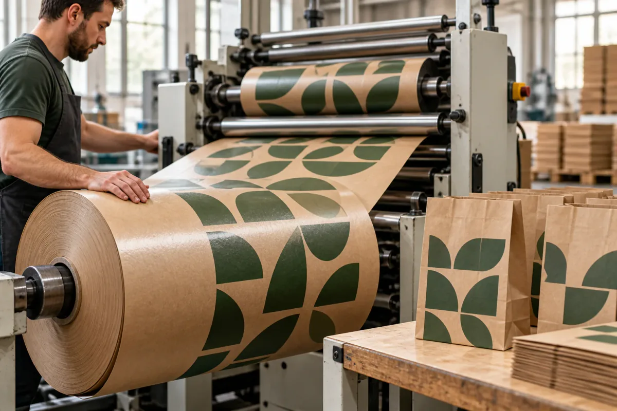 Printed brown MG paper running through a press beside finished paper bags