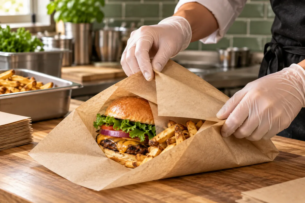 Gloved hands wrapping a burger and fries in brown greaseproof paper