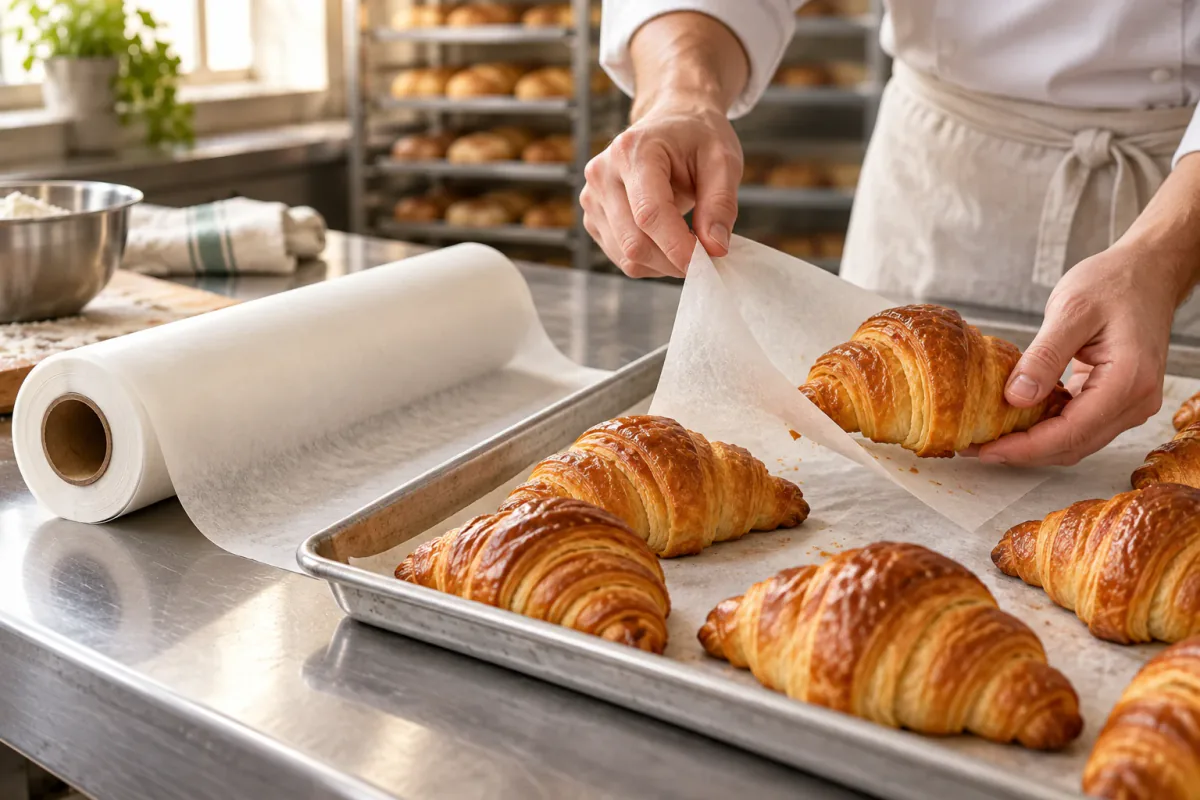 A baker lifting croissants off butter paper on a tray, a roll of paper beside
