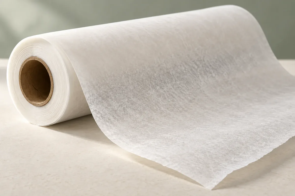 A roll of translucent white butter paper unrolled across a pale table