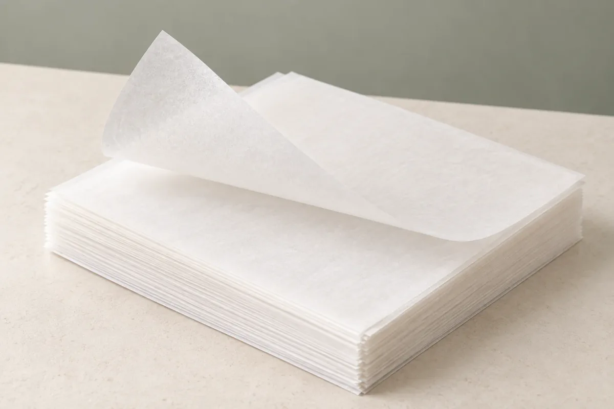 A stack of translucent white butter paper sheets with the top sheet lifting