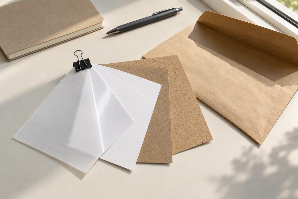 Fanned paper samples of butter paper, MG, MF, OGR and kraft beside a kraft envelope