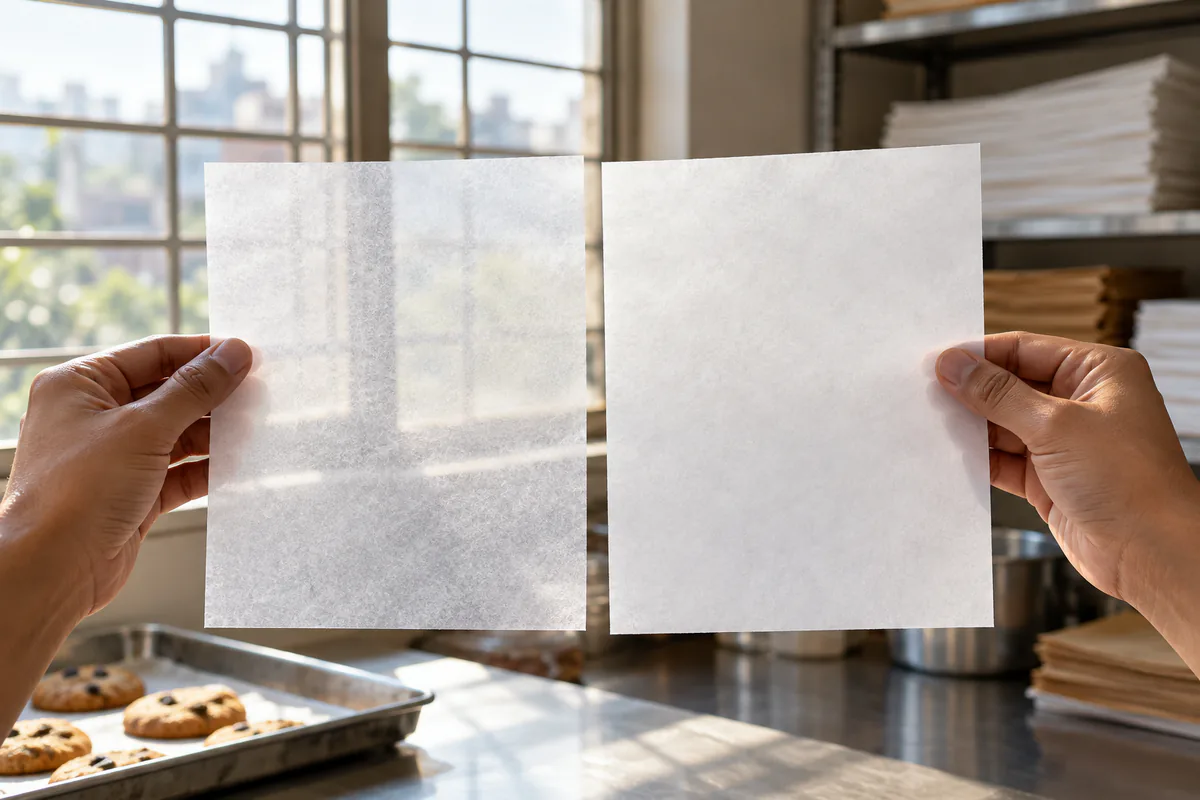 Two sheets of butter paper held to the light, the lighter GSM noticeably more translucent