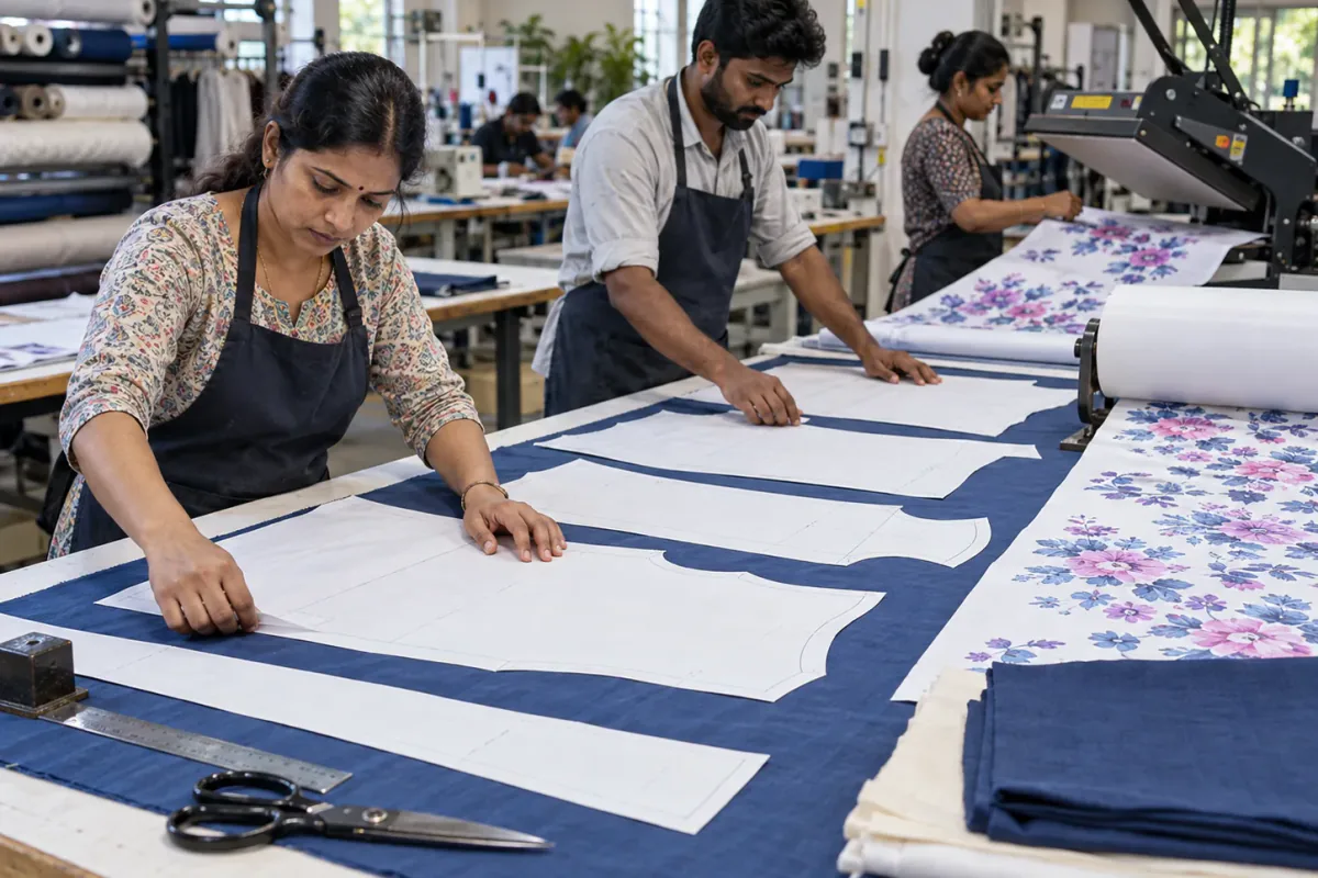 Garment workers laying white paper patterns on fabric at a cutting table