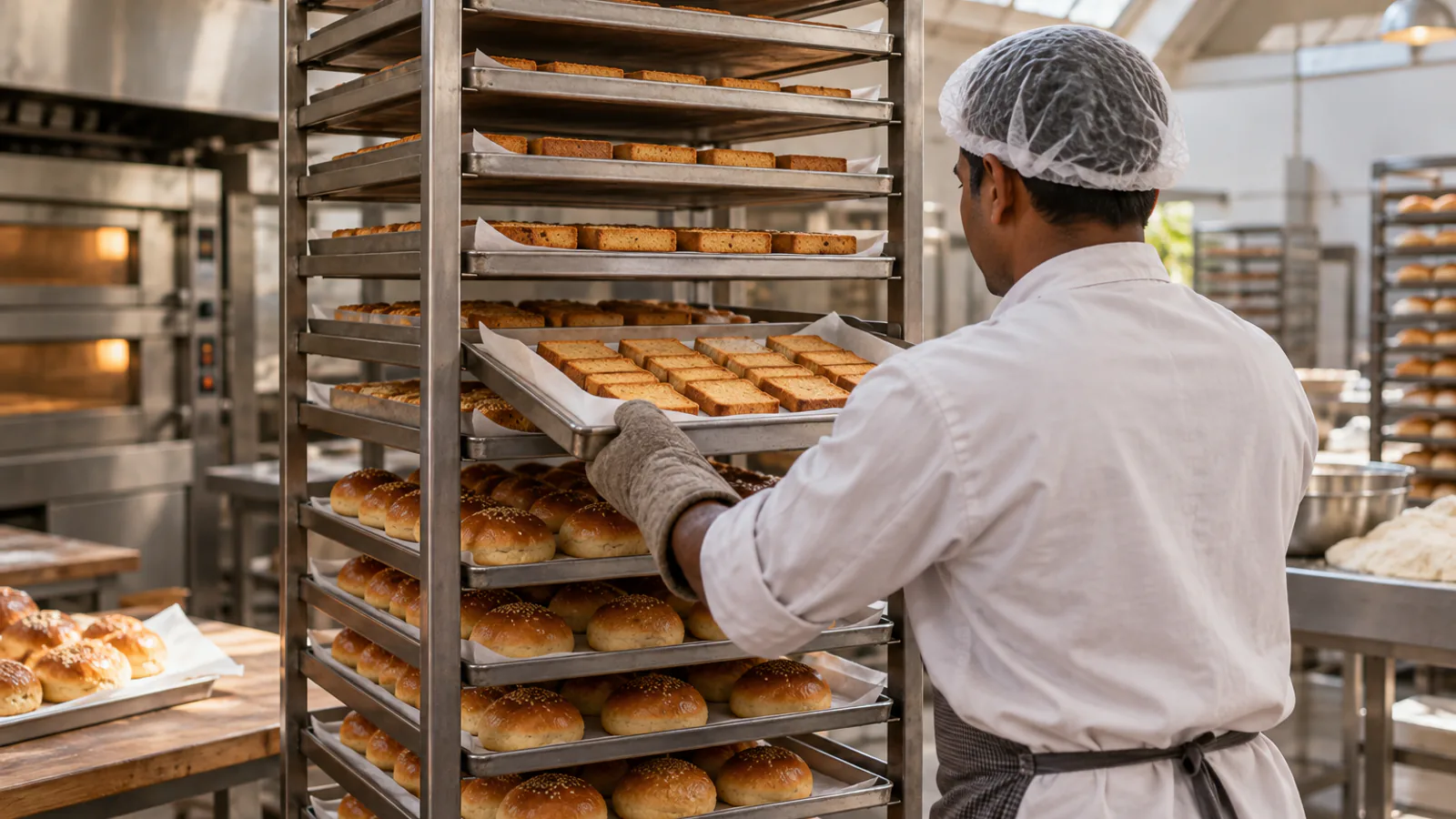 A bakery rack of trays lined with butter paper and loaded with buns