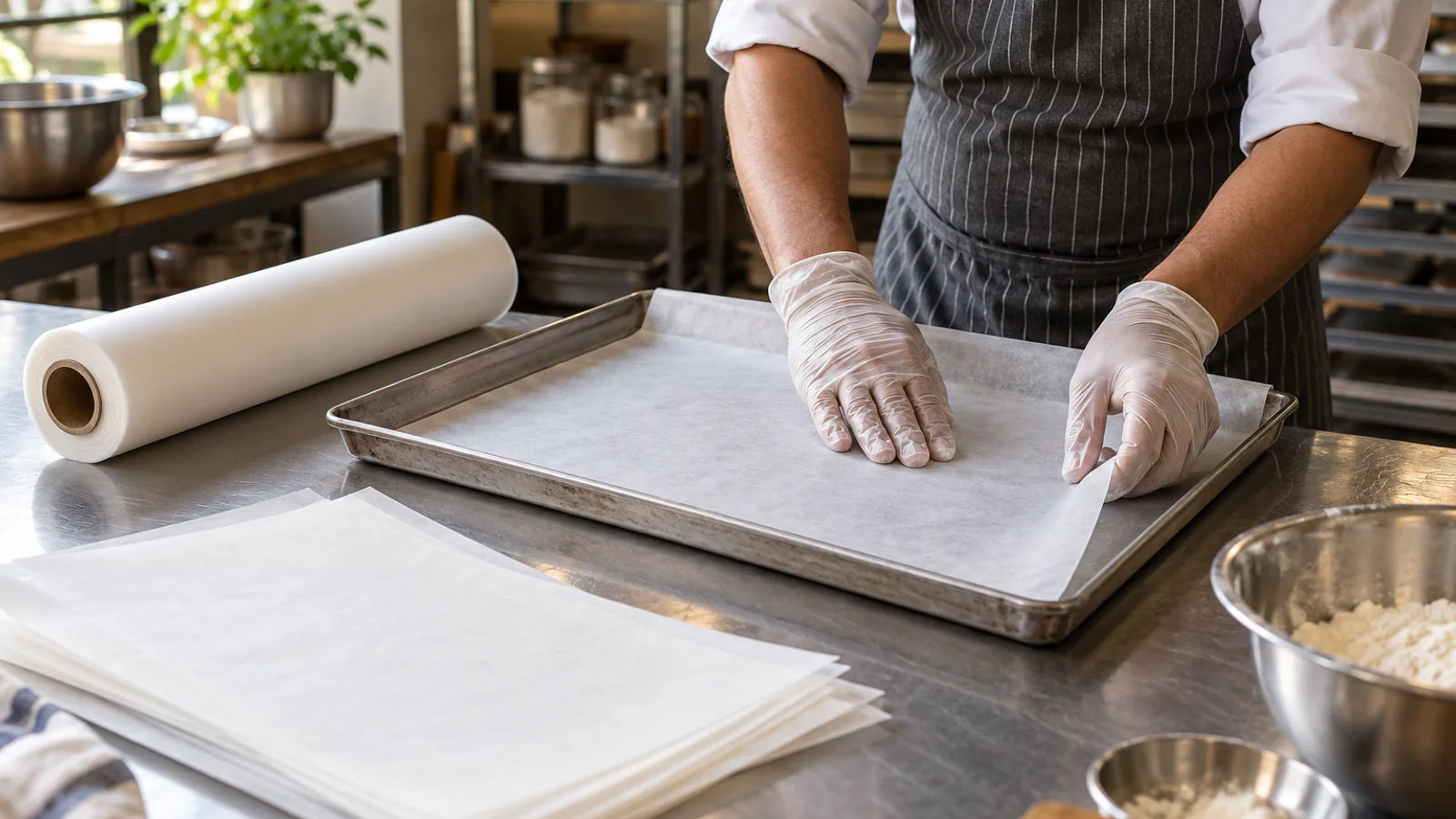 A baker lining a steel tray with white butter paper beside a roll and cut sheets