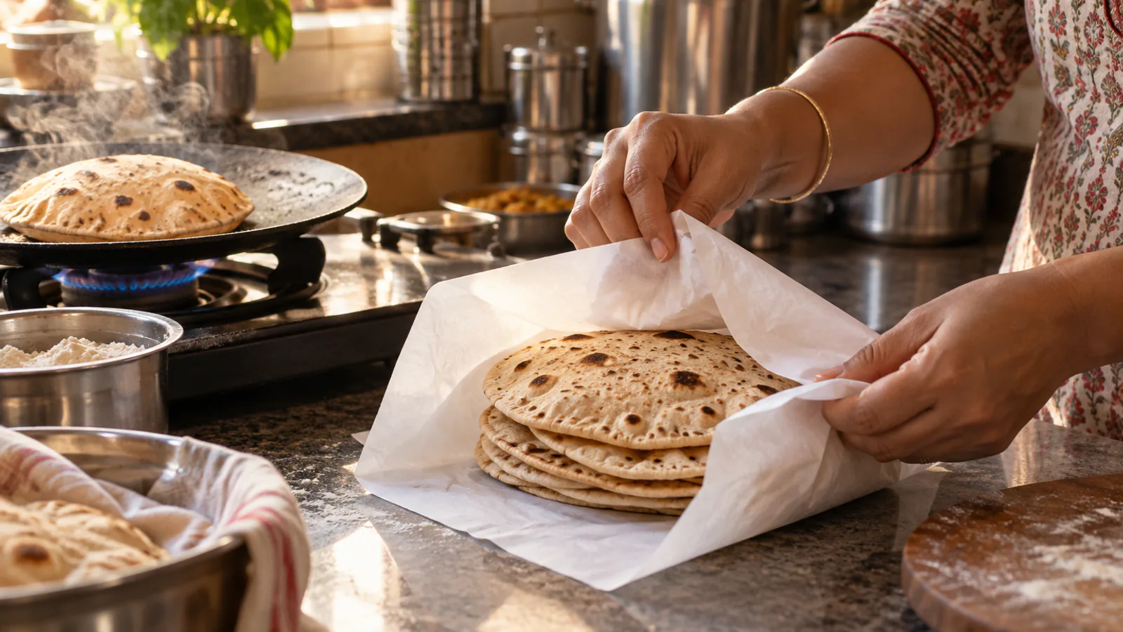 Hands folding butter paper around a stack of fresh rotis beside a tawa