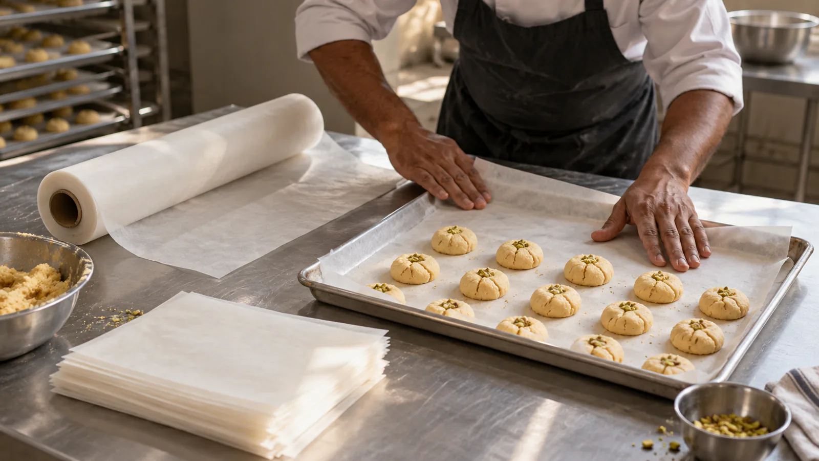 A baker smoothing butter paper onto a steel tray beside a roll and a stack of sheets