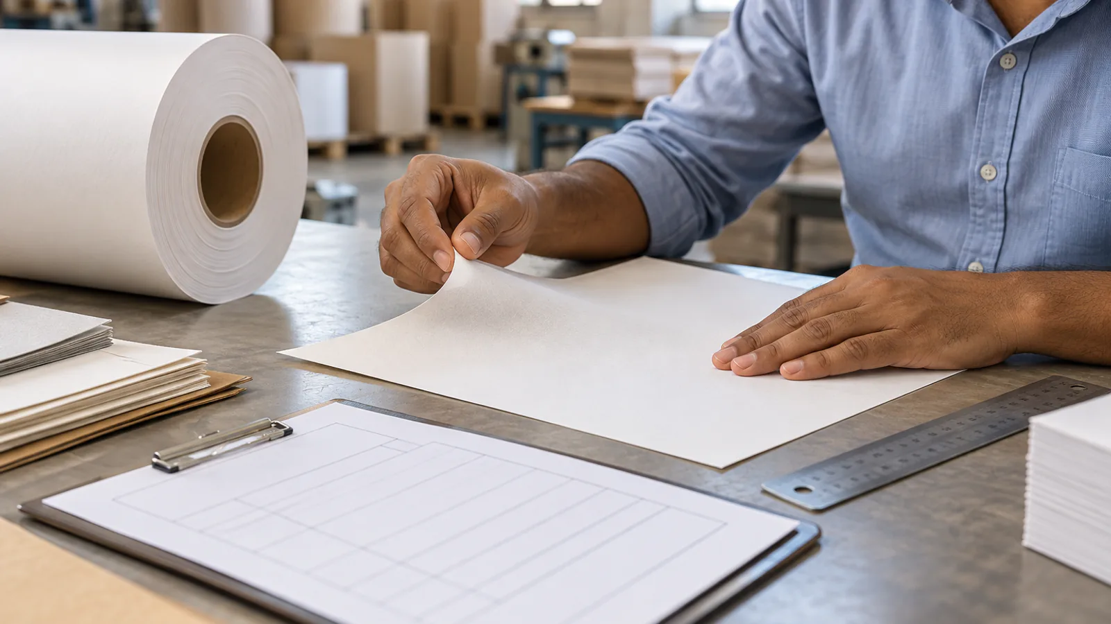 A buyer checking a paper sample against a blank spec form beside a small reel