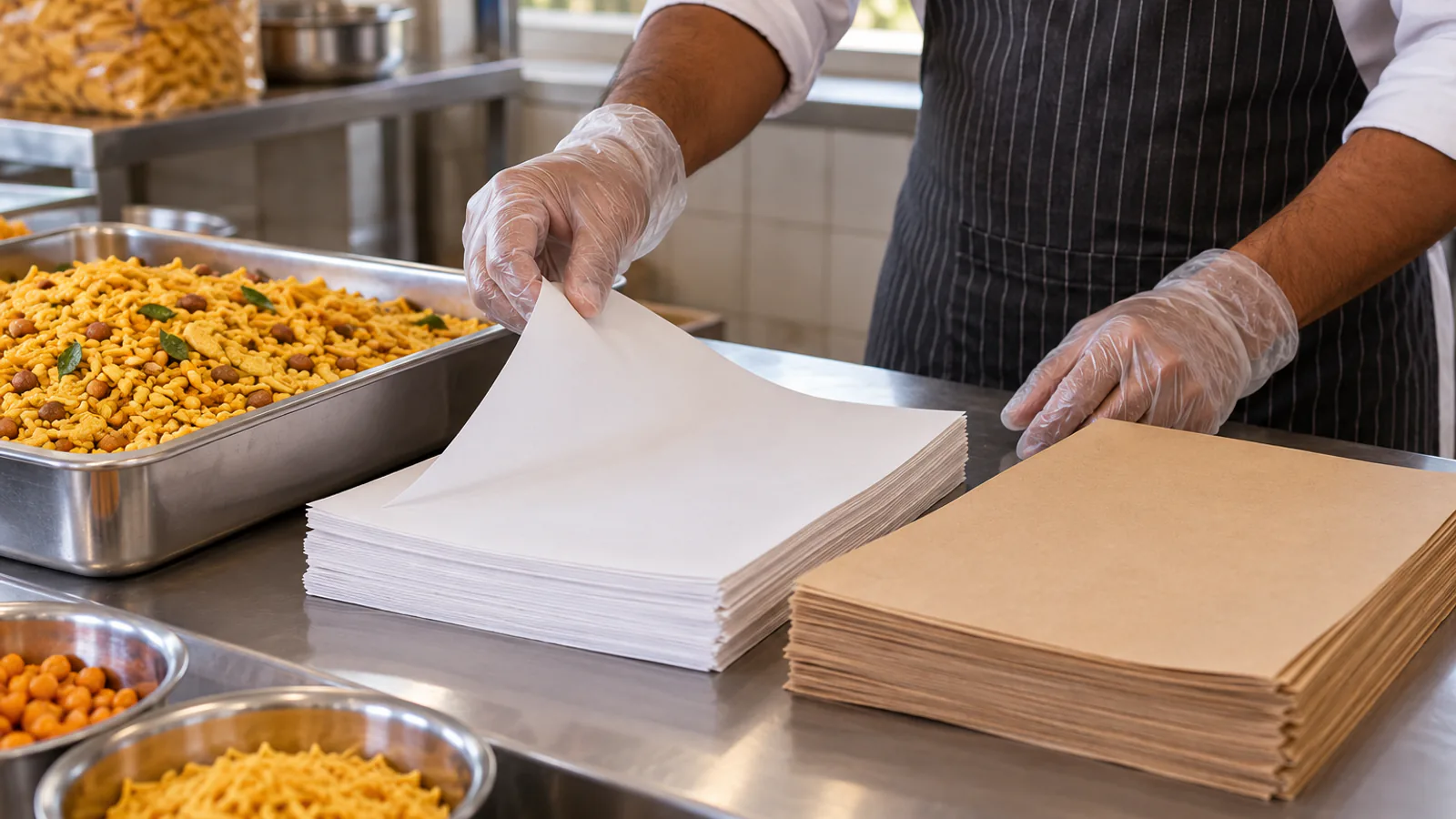 Plain white and brown food wrapping sheets beside a tray of snacks on a clean counter