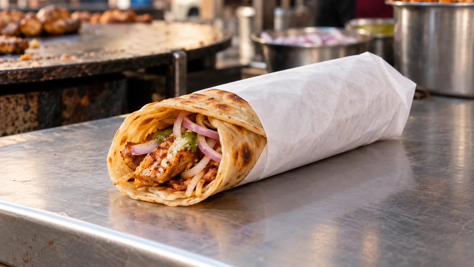 A kathi roll wrapped in light white greaseproof paper on a steel counter