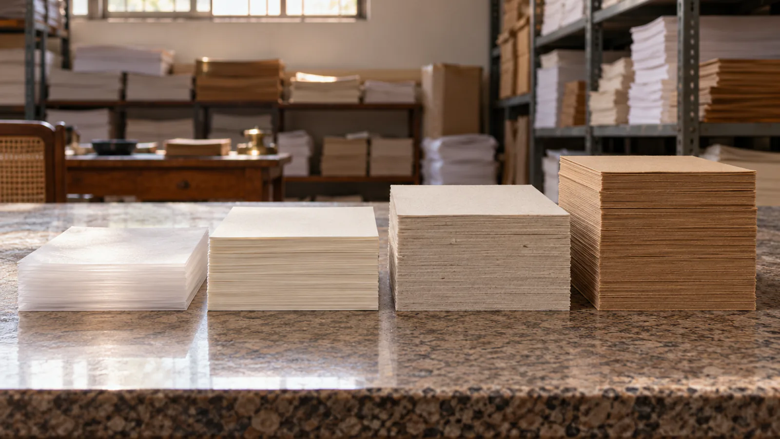 Four stacks of paper rising in weight from translucent butter paper to brown kraft