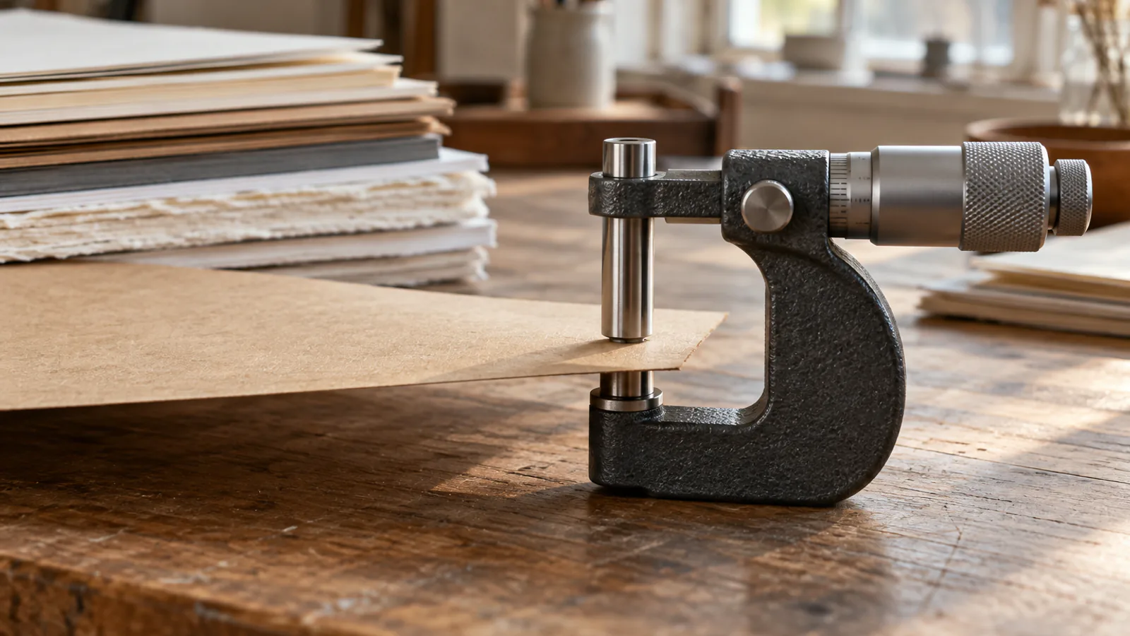 A paper micrometer measuring the thickness of a single kraft sheet